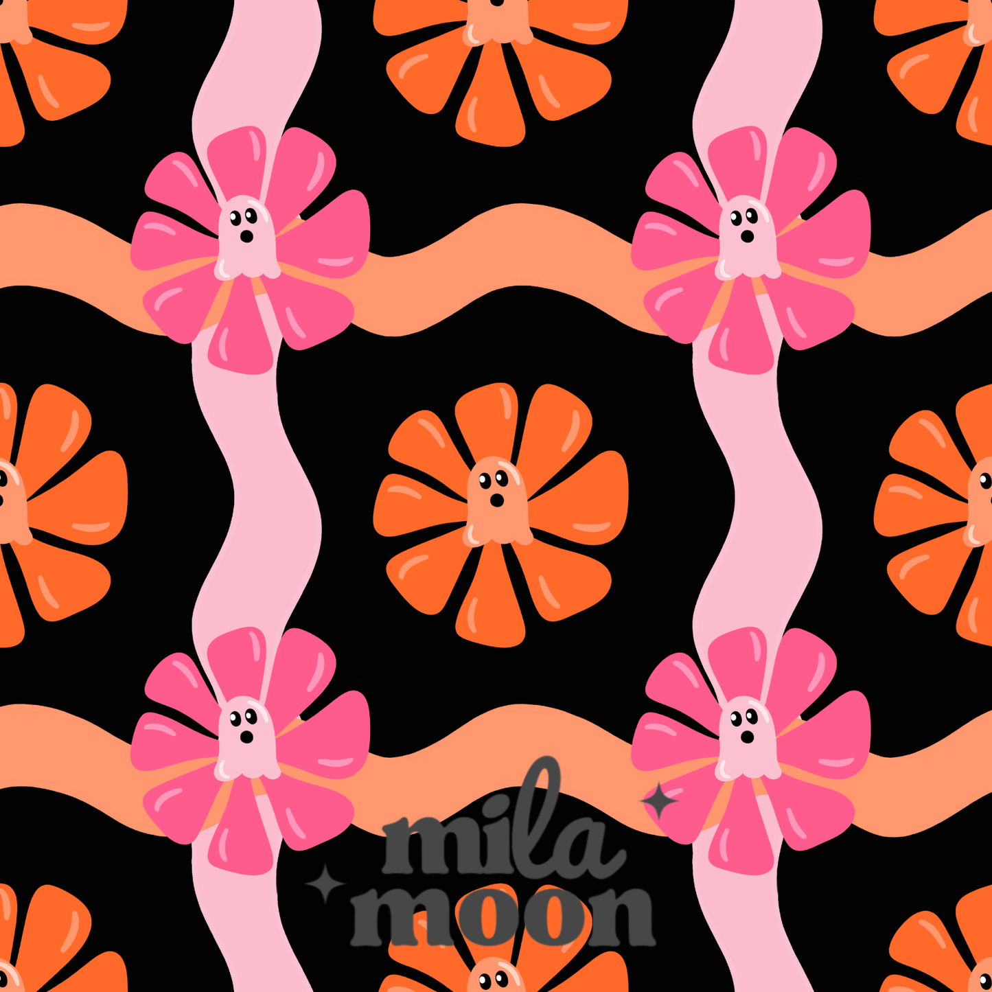 Retro Ghosties Wavy Tiles Black