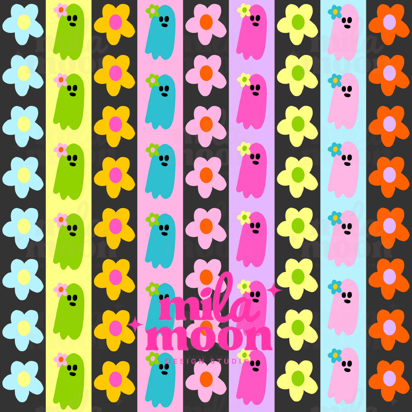 Groovy Ghouls Floral Ghost Stripes (Black)