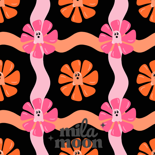 Retro Ghosties Wavy Tiles Black