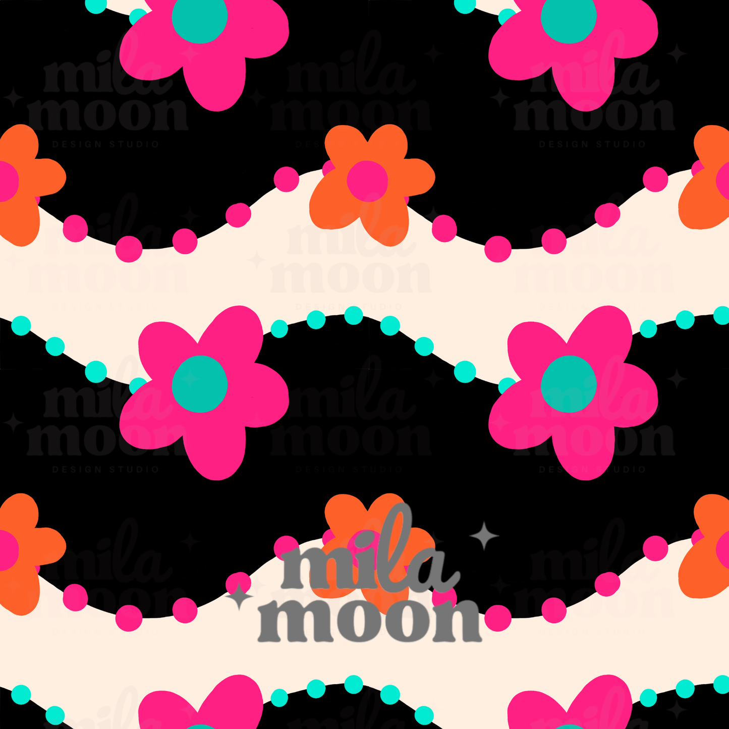 Retro Black Flowers & Waves