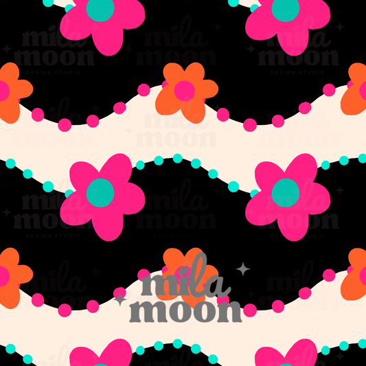 Retro Black Flowers & Waves