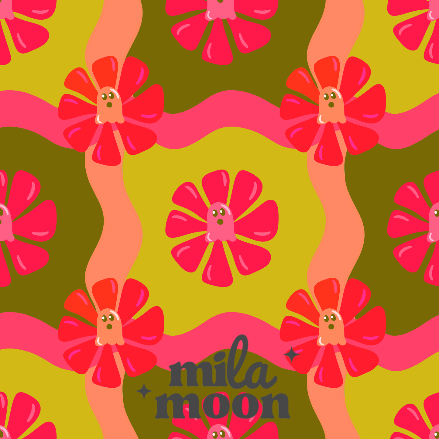 Retro Ghosties Wavy Tiles Green